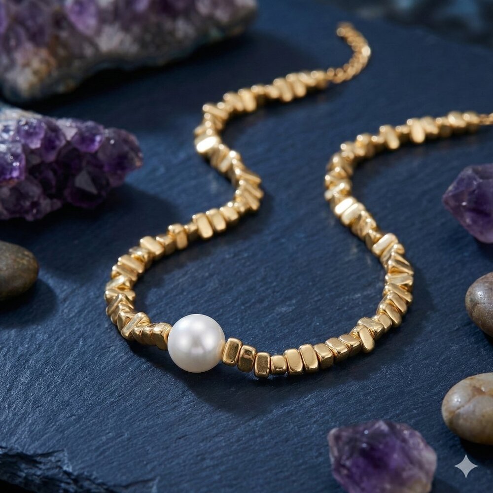 Chunky Statement Necklace Gold Plated Stainless Steel Crushed Stone Pearl
